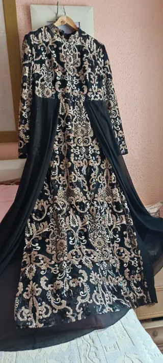 Vestido Novia/Ceremonia Árabe Negro Dorado Tall 52