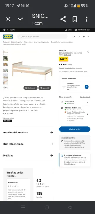 Cama infantil SNIGLAR 70x160 cm