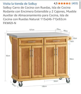 Carro Cocina Ruedas Isla Extensible Bambú