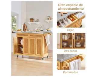 Carro Cocina Ruedas Isla Extensible Bambú