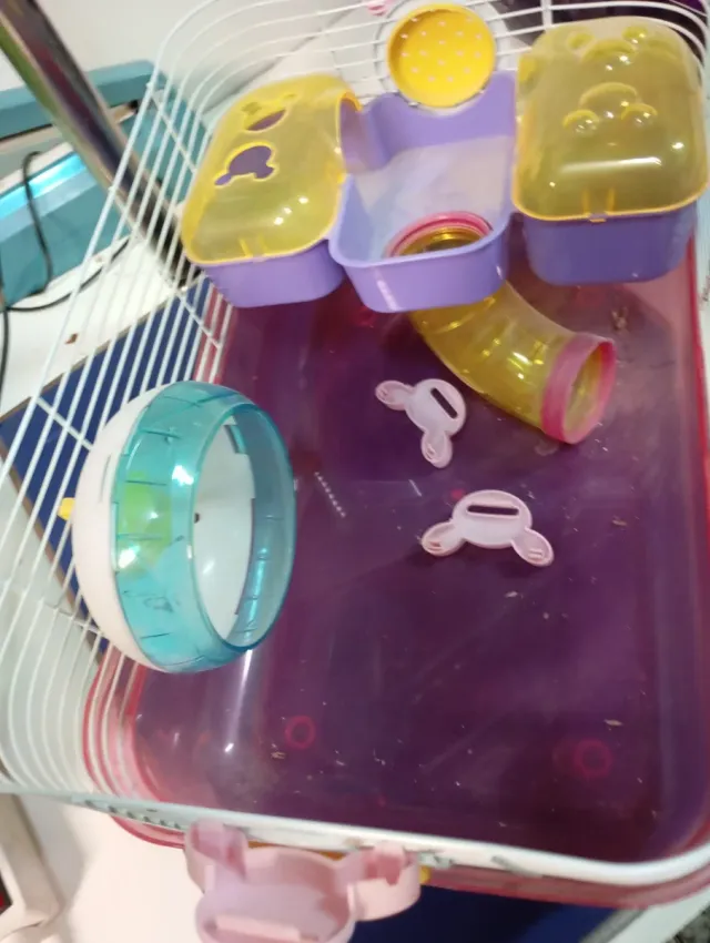 Jaula para hámster rosa y amarilla Con los accesor