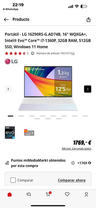 Portátil LG 16Z90RS-G.AD74B 16 WQXGA+