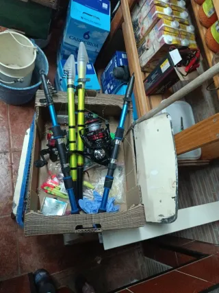 Lote entero cañas de pesca y aparejos