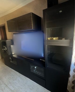 Mueble de salón completo madera oscura con led