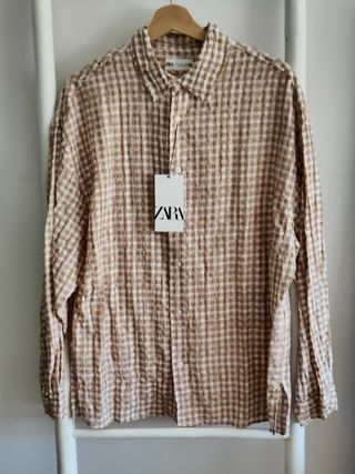 Camisa Zara cuadros beige y blanco Talla M