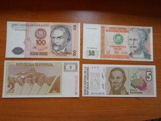 4 Banconote Straniere: Perù, Slovenia, Argentina 