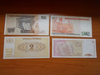 4 Banconote Straniere: Perù, Slovenia, Argentina 