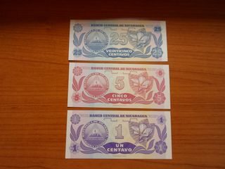 3 Banconote Nicaragua 25, 5, 1 Centavos