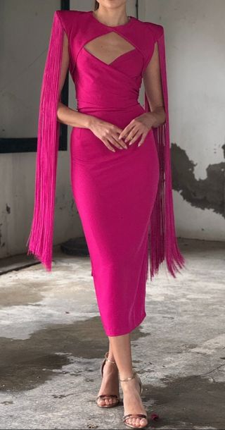 Vestido Salvatores fiesta fucsia con flecos