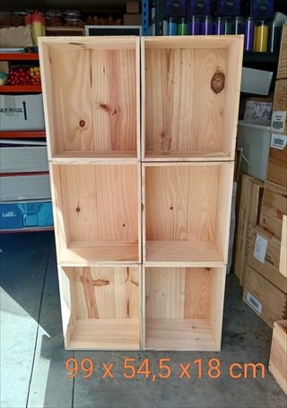 6 scatole di legno impilabili, ripiani e armadi