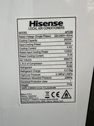 Aire Acondicionado Hisense APC09 2236 Frigorías