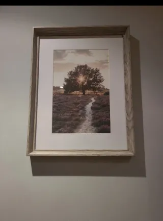 Cuadro paisaje árbol atardecer marco madera