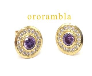 Pendientes Oro 18k Circonitas Moradas y Blancas