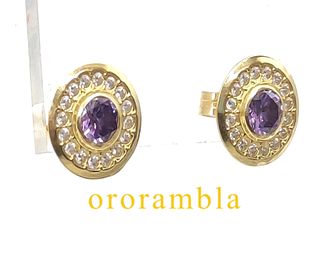 Pendientes Oro 18k Circonitas Moradas y Blancas