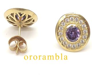 Pendientes Oro 18k Circonitas Moradas y Blancas