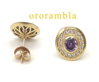 Pendientes Oro 18k Circonitas Moradas y Blancas