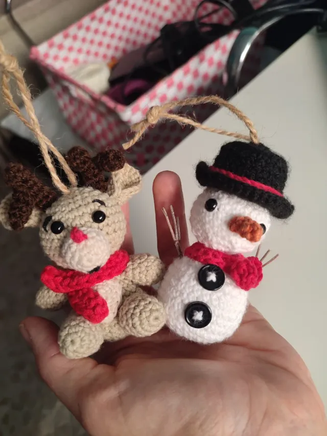 Decoración Navidad Crochet Reno y Muñeco Nieve