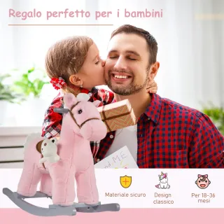 Cavallo a Dondolo per Bambini in Legno e Peluche c