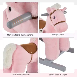 Cavallo a Dondolo per Bambini in Legno e Peluche c