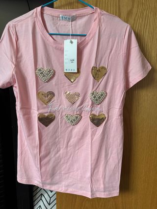 Camiseta FMM Corazones Perlas y Lentejuelas Rosa T