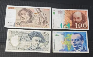 Lote 4 Billetes Franceses: 100, 100, 50, 50 Franco