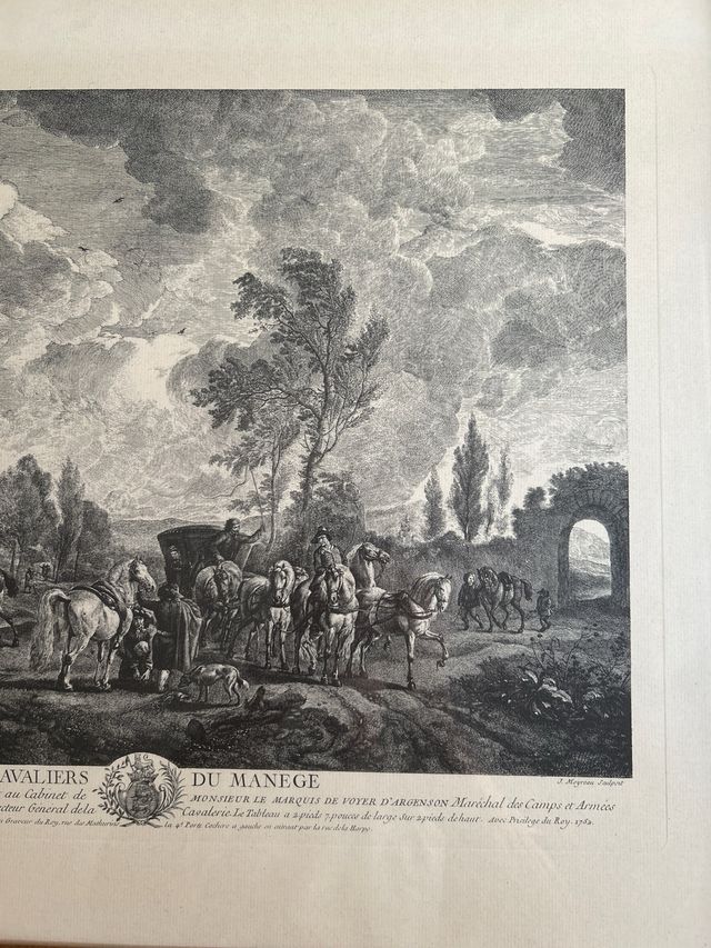 Grabado antiguo Cavaliers du Manege