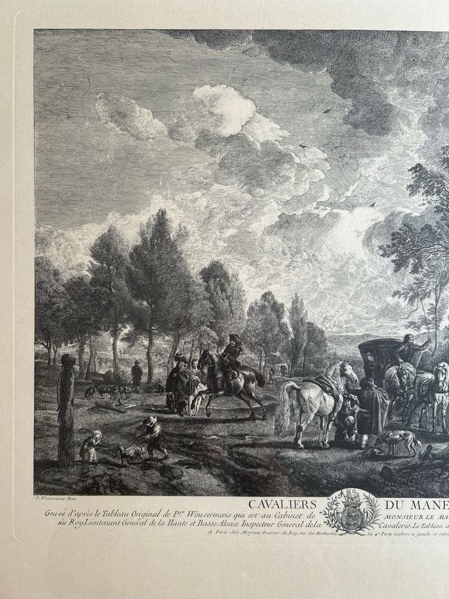 Grabado antiguo Cavaliers du Manege
