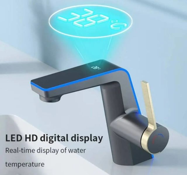 Torneira Banheiro Digital LED Dourado/Cinza