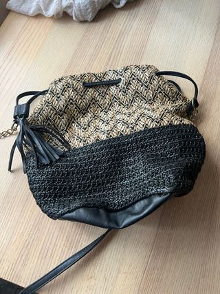 Bolso saco rafia y polipiel beige/negro