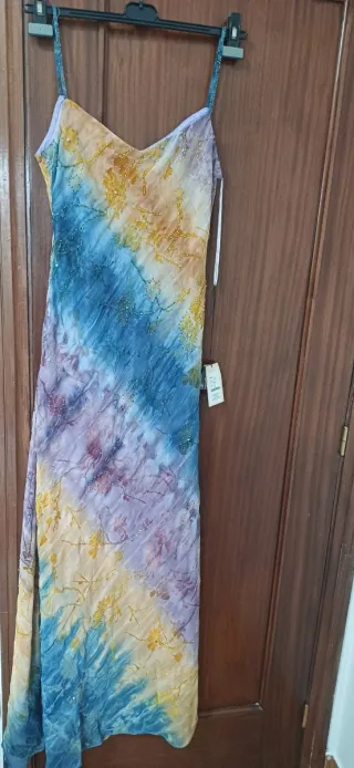 Vestido largo estampado malva, azul y naranja