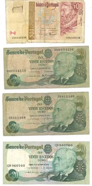 Coleção Notas Portugal 500$ e 20$ Escudos