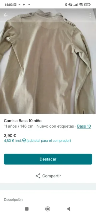 Camisa Bass 10 niño 11 años / 146 cm