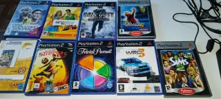 PS2 Slim Negra + 10 Juegos + Micrófonos + m. card