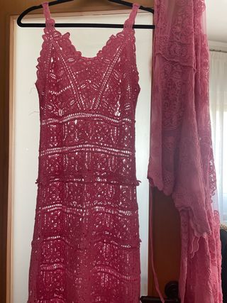 Conjunto Vestido y Kimono Encaje Rosa

