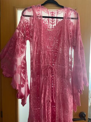 Conjunto Vestido y Kimono Encaje Rosa
