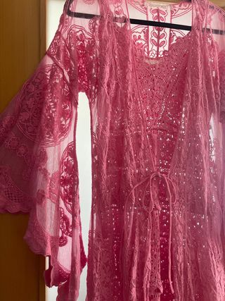 Conjunto Vestido y Kimono Encaje Rosa
