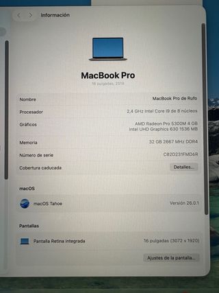 MacBook Pro 16” i9 2019 Gris Espacial