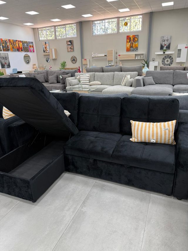 Sofá Cama Chaise Longue con Arcón Negro