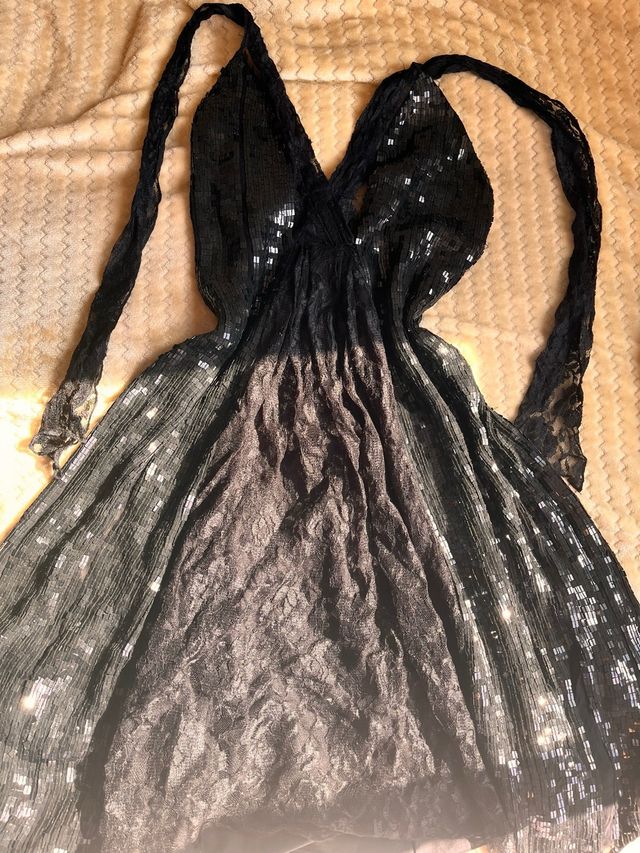 Vestido Mango Negro Corto Lentejuelas Encaje