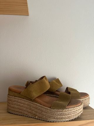Sandalias cuña esparto marrón/verde