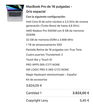 MacBook Pro 16 2019 i9 32GB RAM 1TB SSD