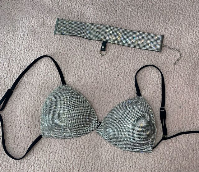 Conjunto sujetador,cinturón gargantilla brillantes