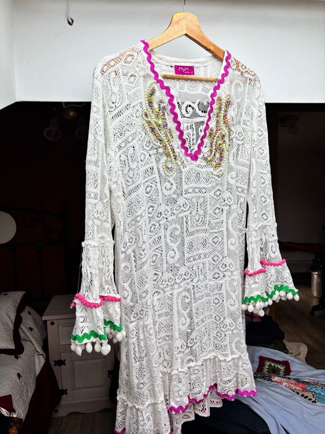 Vestido playero Mym blanco y rosa talla única