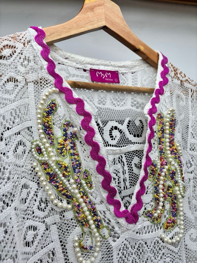 Vestido playero Mym blanco y rosa talla única