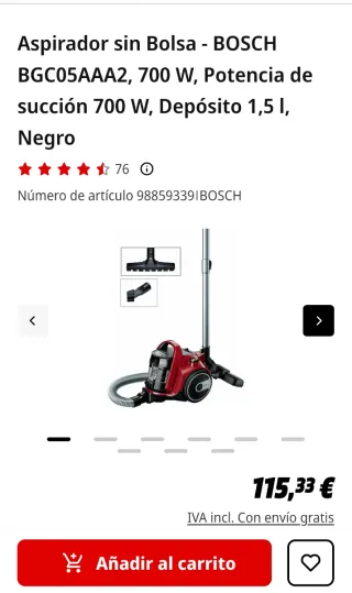 Aspirador sin bolsa Bosch rojo