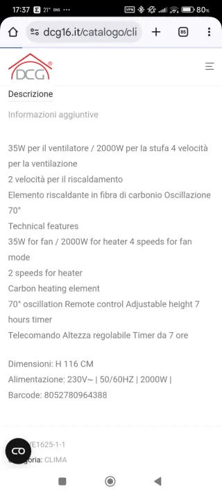 DCG Ventilatore a Piantana Caldo-Freddo VESA05