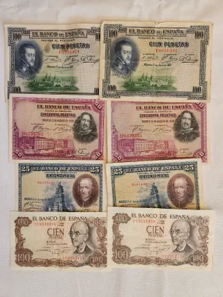Lote 8 Billetes Antiguos España 100, 50, 25 Peseta