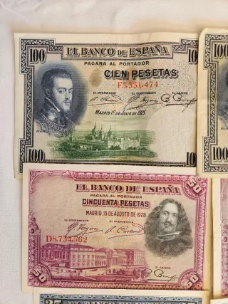 Lote 8 Billetes Antiguos España 100, 50, 25 Peseta