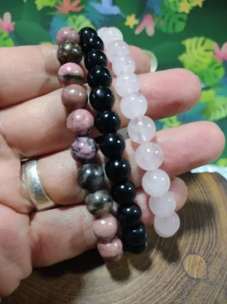 3 pulseras cuentas Rodonita, cuarzo rosa y Onix
