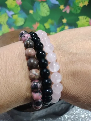 3 pulseras cuentas Rodonita, cuarzo rosa y Onix